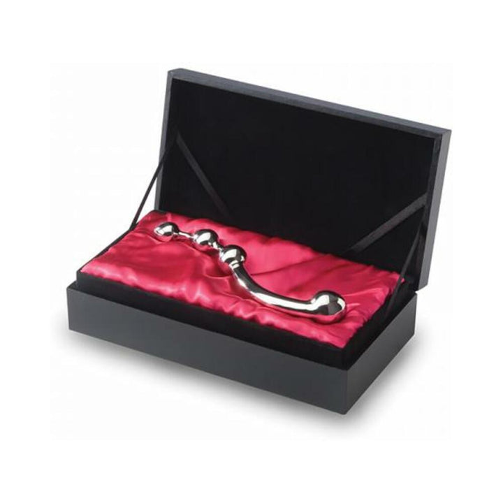 Polished stainless steel nJoy Beaded G-Spot Fun Wand displayed in a black gift box with red satin lining.