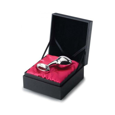 nJoy Stainless Steel Pure P 11 Large plug displayed in an open black gift box with red satin lining
