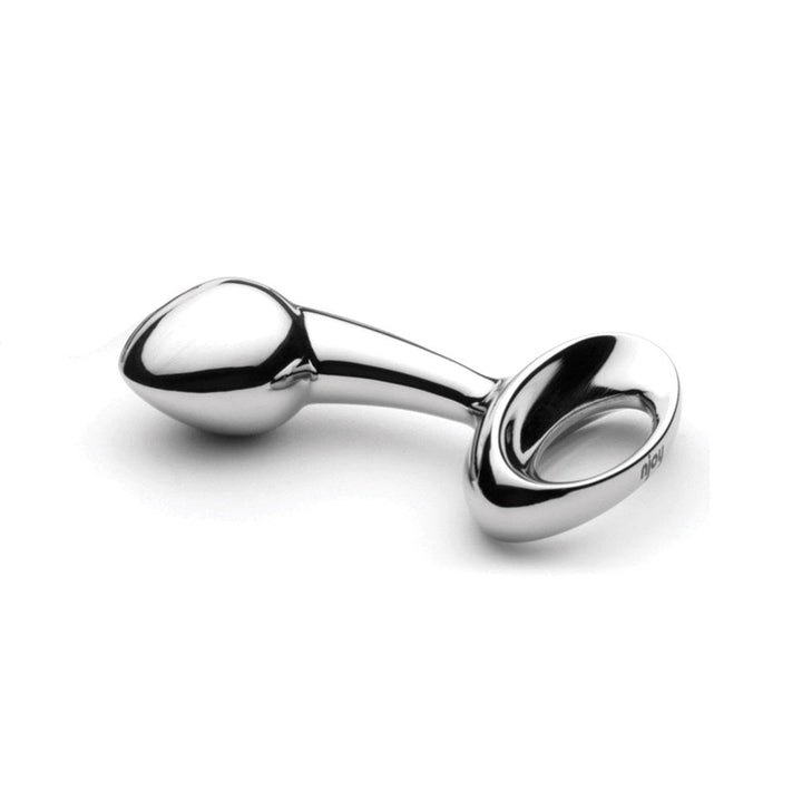 nJoy Pure Plug Small stainless steel anal plug with ergonomic curved design and finger loop handle on white background