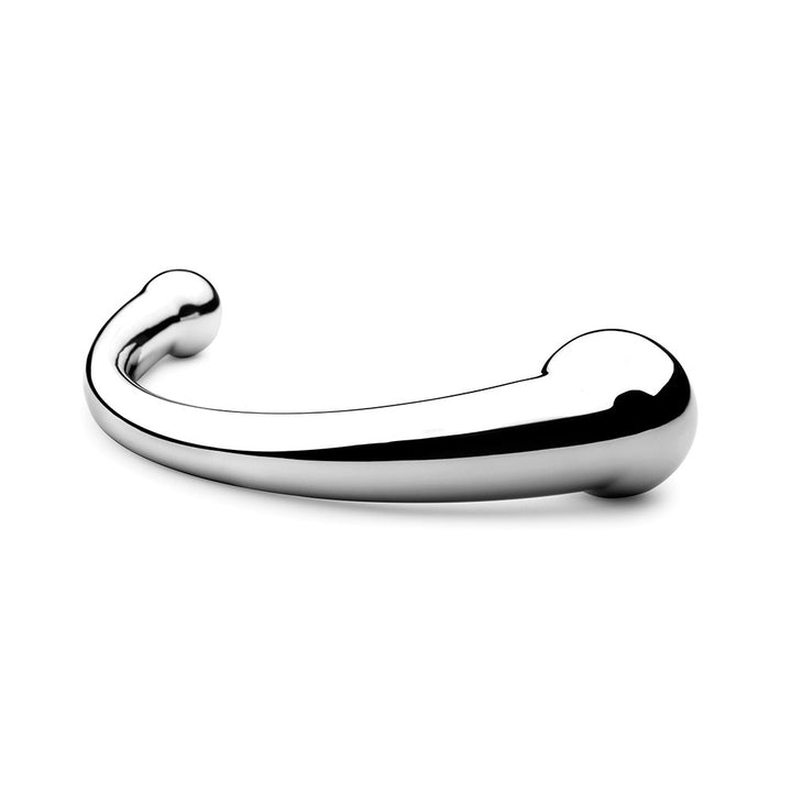 Polished stainless steel curved wand with tapered ends designed for targeted internal massage and pleasure.
