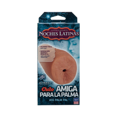 Doc Johnson Noches Latinas Ass Palm Pal masturbator packaging with caramel-colored realistic texture and Spanish text.