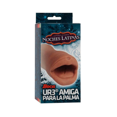 Noches Latinas UR3 Palm Pal Mouth masturbator in caramel color with Spanish packaging and decorative blue background.