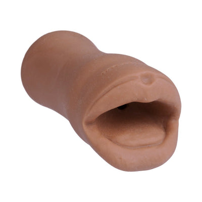 Caramel-colored palm-sized male masturbator with realistic mouth design from Noches Latinas collection.