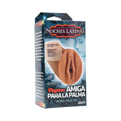 Noches Latinas Vagina Palm Pal packaging showing product image and Spanish text highlighting easy grip and realistic sensation.