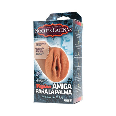 Noches Latinas Vagina Palm Pal masturbator in caramel color with easy grip and soft, life-like sensation packaging.
