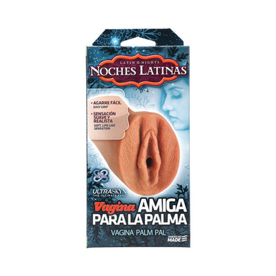 Noches Latinas Vagina Palm Pal masturbator packaging with product image and bilingual text on blue background.