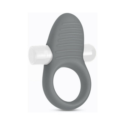 Slate gray silicone ring with textured ridges and removable white bullet vibrator attachment.