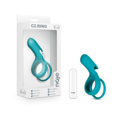 Blush Noje C2 Ring in juniper teal with detachable white bullet vibrator and packaging box.