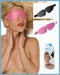 Set of non-leather padded blindfolds in black and pink with elastic satin bands, shown worn and displayed flat.