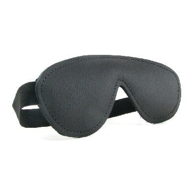 Black non-leather padded blindfold with elastic satin-finish band for comfortable, adjustable fit.