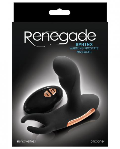 Black Renegade Sphinx warming prostate massager with wireless remote control in sleek packaging.
