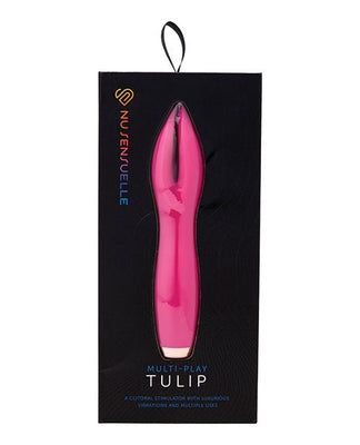Nu Sensuelle Tulip clitoral stimulator in bright pink with sleek, flower-inspired design in black packaging.