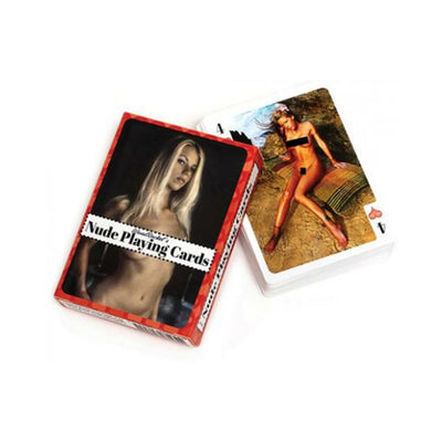 Deck of Nude Playing Cards with artistic nude model images on the box and card, featuring tasteful black censor bars.