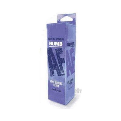 Blue Raspberry Numb AF anal numbing cream in a purple rectangular box with bold text and a hanging tab.