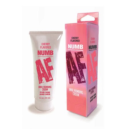 Cherry flavored Numb AF anal numbing cream tube and pink packaging box, 1.5 oz size.