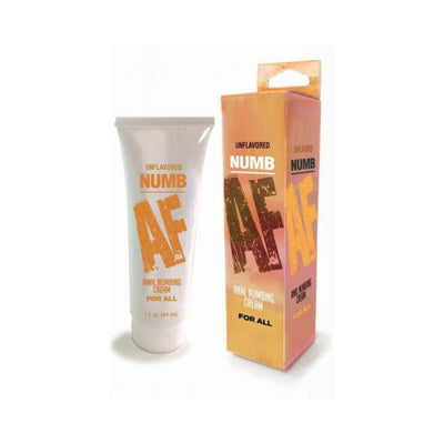Tube and box of Numb AF unflavored anal numbing cream in white and orange packaging.