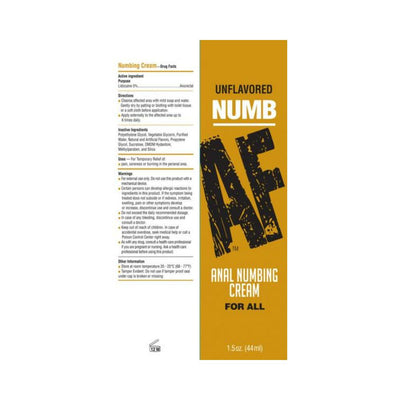 Numb AF unflavored anal numbing cream packaging with usage instructions and ingredients on white and orange background
