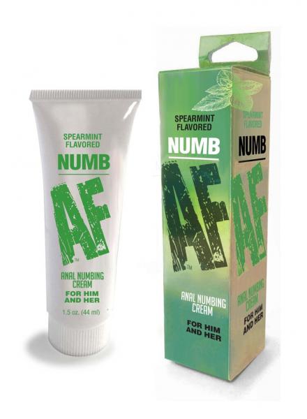 Tube and box of Numb AF spearmint flavored anal numbing cream for him and her, 1.5 oz packaging shown.