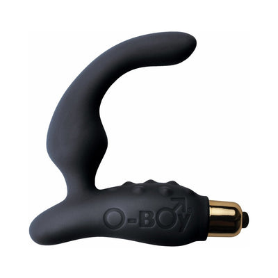 Black curved prostate massager with textured grip and gold-toned removable bullet vibrator.