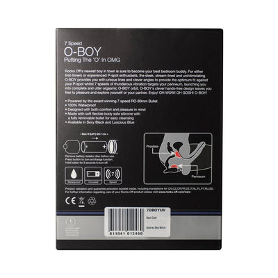 Back packaging of O-Boy 7 Black vibrator showing product features, usage instructions, and anatomical diagram.