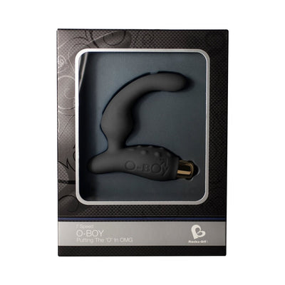 O-Boy 7 Black 7-speed vibrator in black with ergonomic design displayed in black and silver packaging.
