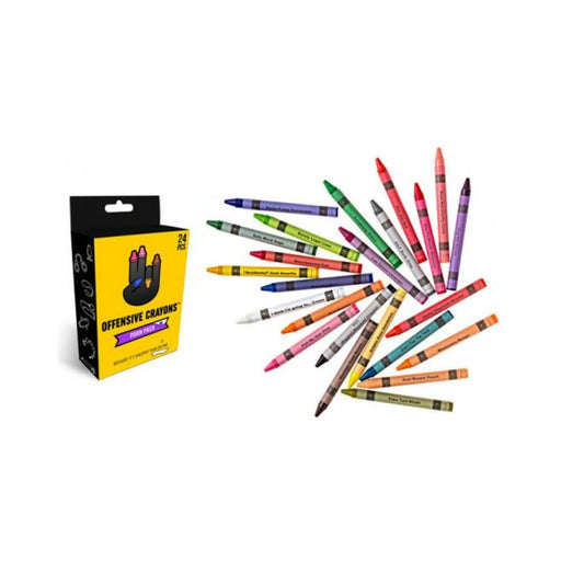Set of 24 colorful Offensive Crayons with adult-themed names displayed next to yellow and black packaging box.