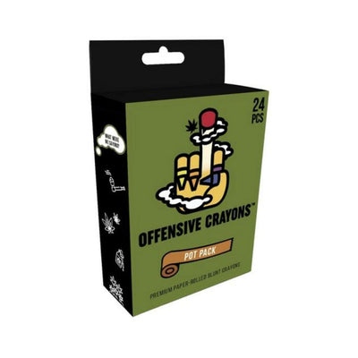 Box of Offensive Crayons Pot Pack with 24 premium paper-rolled blunt crayons in playful packaging.