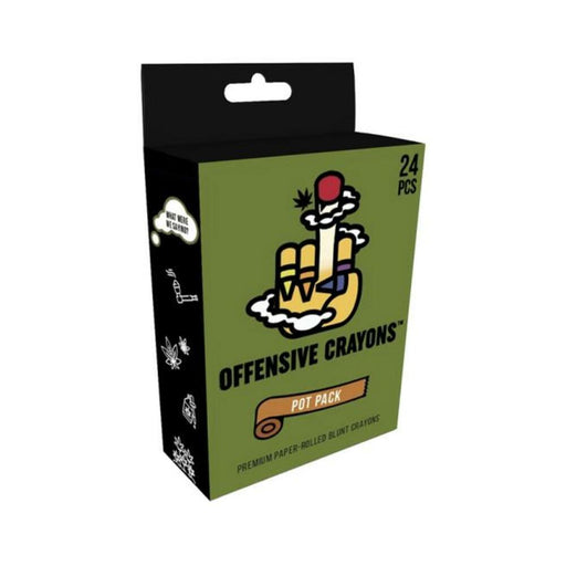 Box of Offensive Crayons Pot Pack with 24 premium paper-rolled blunt crayons in playful packaging.