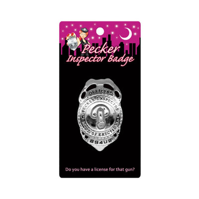 Silver-toned Official Pecker Inspector Badge on black and pink card with playful bachelorette party design and slogan.