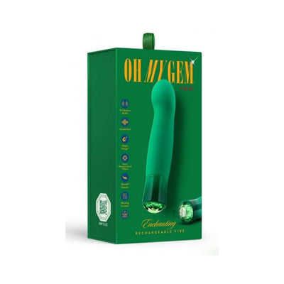Green Oh My Gem Enchanting rechargeable vibrator with curved tip displayed with matching green packaging box.