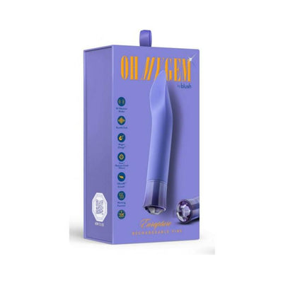 Blush Oh My Gem Enrapture Tanzanite vibrator in purple packaging highlighting features and sleek design.
