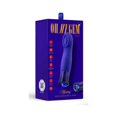 Blush Oh My Gem Mystery Sapphire vibrator in deep blue with packaging highlighting features and rechargeable design.