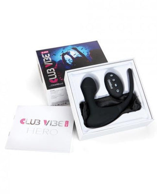 Ohmibod Club Vibe 3.OH Hero black anal plug with wireless remote in open packaging and instruction manual.