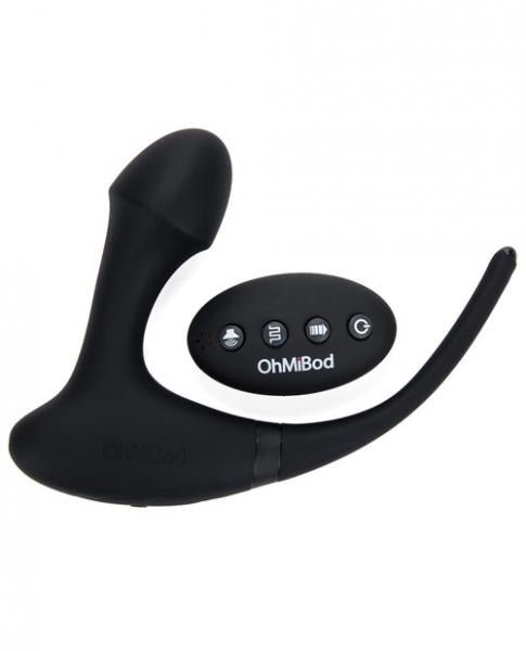 Black Ohmibod Club Vibe 3.OH Hero anal plug with wireless remote control on white background.