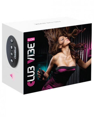 Club Vibe 3.OH wireless remote control vibrator packaging with dancing woman and remote control image.