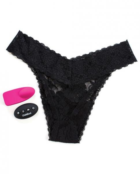 Black lace thong panty with a pink wearable vibrator and black wireless remote control on white background.