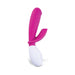 Pink and white dual stimulation vibrator with ergonomic design and smooth silicone finish on white background.