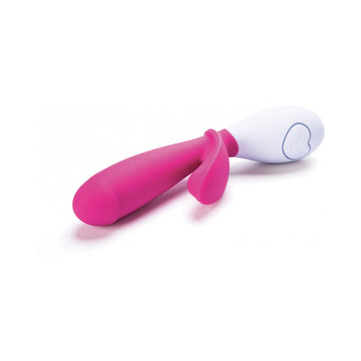 Pink dual stimulation vibrator with ergonomic white handle and heart-shaped control buttons on a white background.