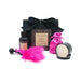 Olivia's Boudoir Sweet Desire Kit with black gift box, pink feather tickler, massage oil, satin pouch, and massage candle.