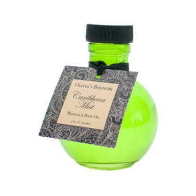 Round green glass bottle of Olivia's Boudoir Caribbean Mist massage and body oil with black cap and decorative label tag.