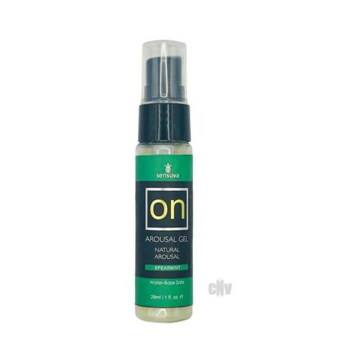 Bottle of On Arousal Gel Spearmint flavor with pump dispenser and green label on white background.