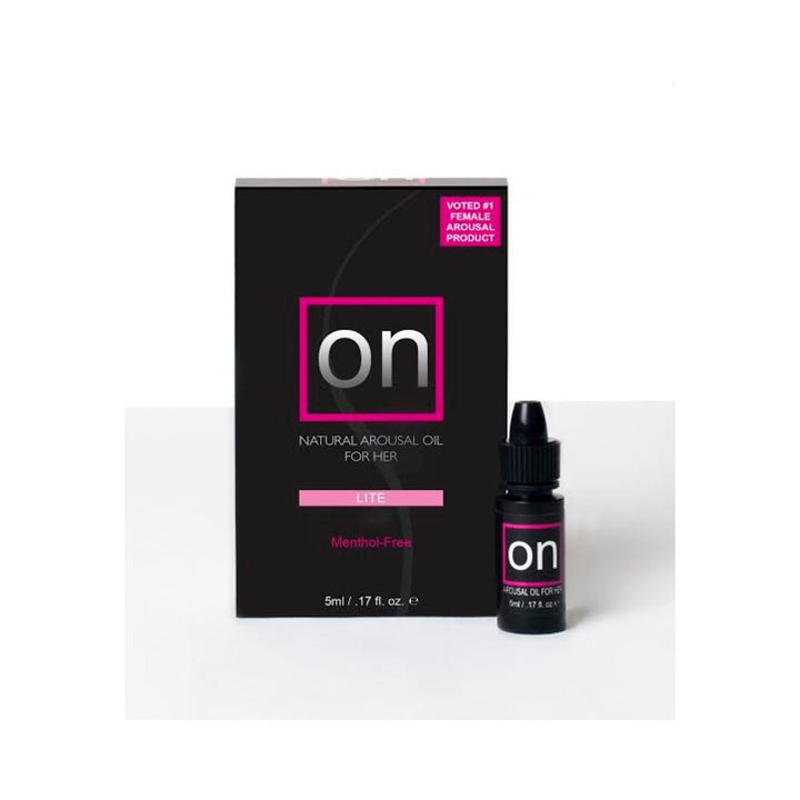 On Arousal Oil Lite 5ml bottle with black and pink packaging for natural female arousal, menthol-free formula.