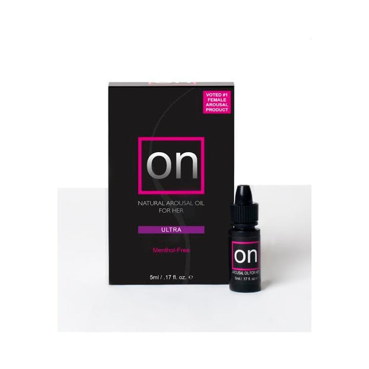 On Arousal Oil Ultra 5ml bottle and black packaging with pink and white text for natural female arousal enhancement.