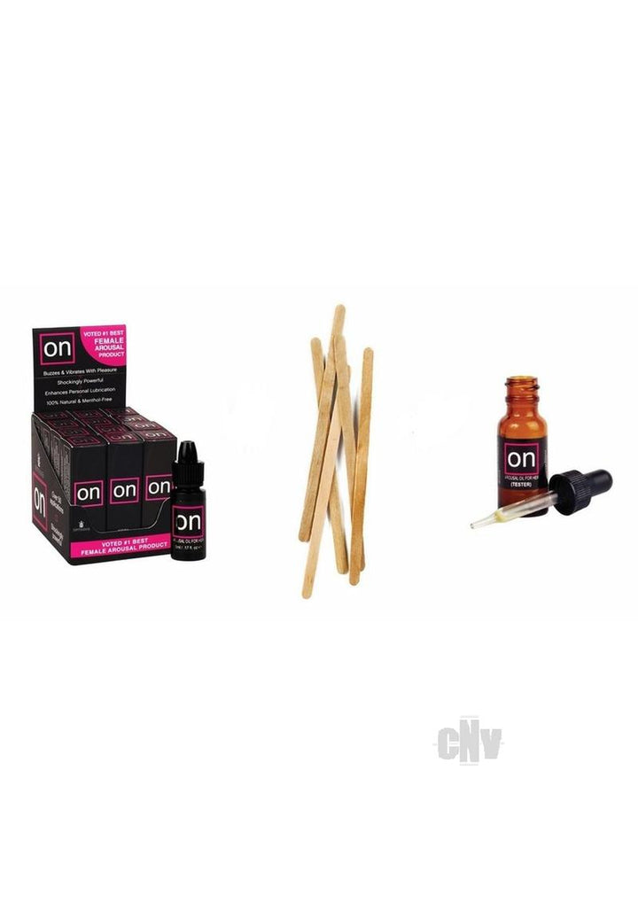 On Original 5ml arousal oil box with individual bottles, wooden applicator sticks, and a tester bottle with dropper.