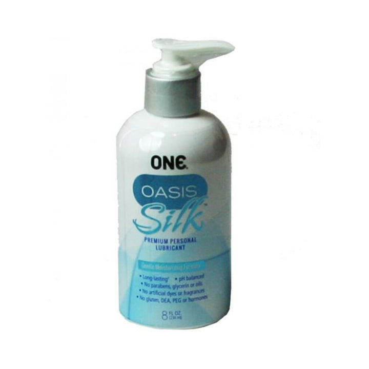 One Oasis Silk hybrid personal lubricant in an 8 oz white pump bottle with blue label detailing features.