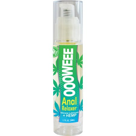Ooowee Anal Relaxing Lubricant with Hemp Seed Oil in a clear 1.7 oz pump bottle with green and blue label design.