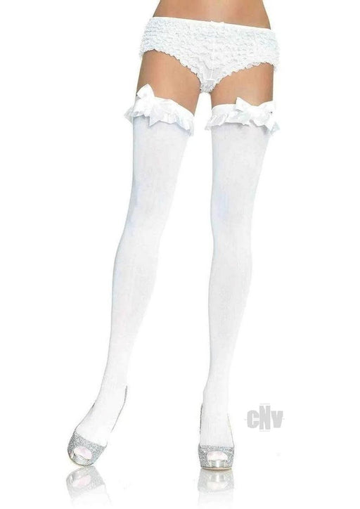 Opaque Thigh Highs With Satin Ruffle Trim and Bow - One Size - White - SexToy.com