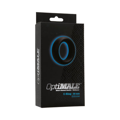 Black packaging box of OptiMALE C-Ring 35mm silicone men's wellness product with blue ring graphic.