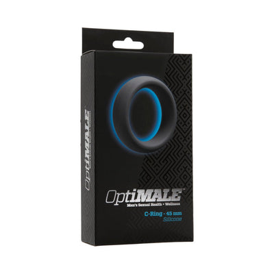 Black and blue packaging of OptiMALE 45mm silicone C-ring for men's sexual health and wellness.