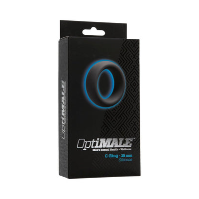 OptiMALE 35mm thick silicone C-ring in slate color packaged in a black box with blue and silver accents.